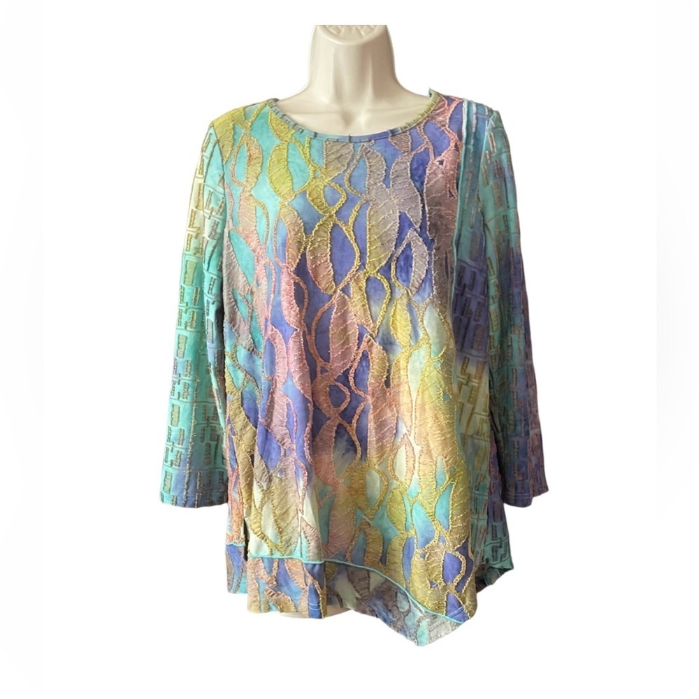 Ali Miles Womens Blouse Size Medium Artsy Textured Asymmetrical Hem Multicolor